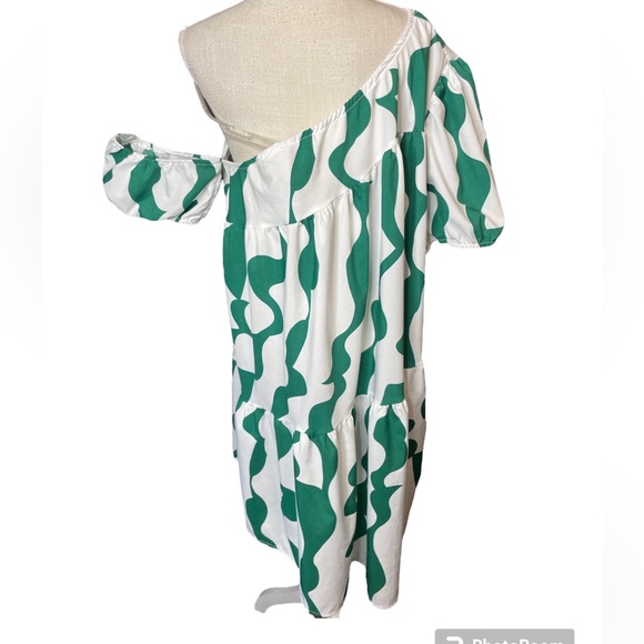 Shein Curve Green & White One Shoulder Mini Dress - Picture 3 of 6